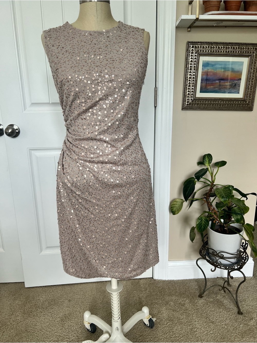 David Meister Blush Sequin Ruched Sleeveless Shift Dress Size 8